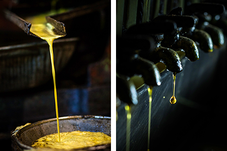 原料を一度だけ圧力で搾る一番搾りの油。原料の風味が香る自然の油。